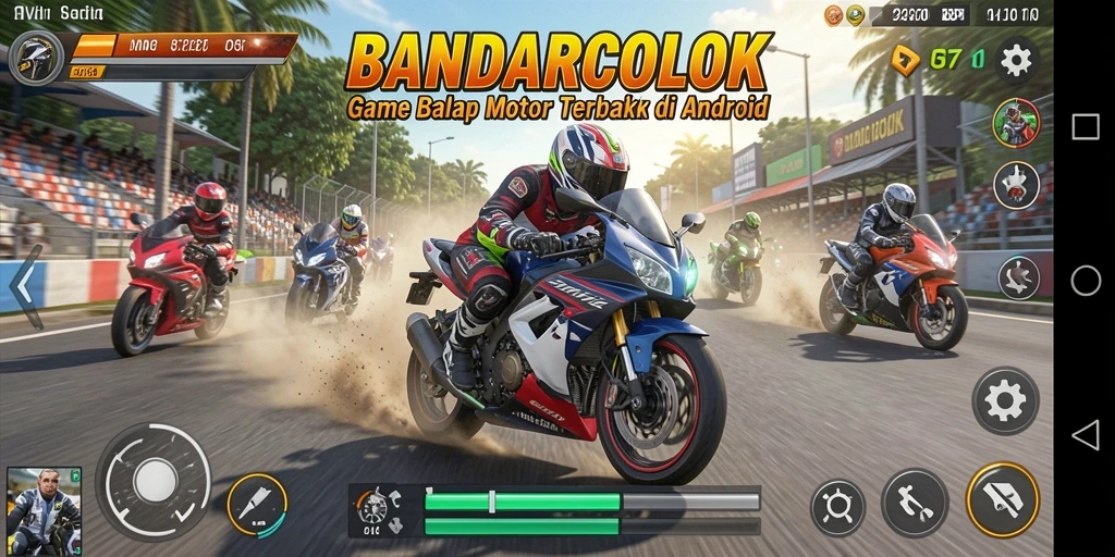 Tampilan gameplay seru dari BANDARCOLOK dengan balapan motor yang menegangkan.