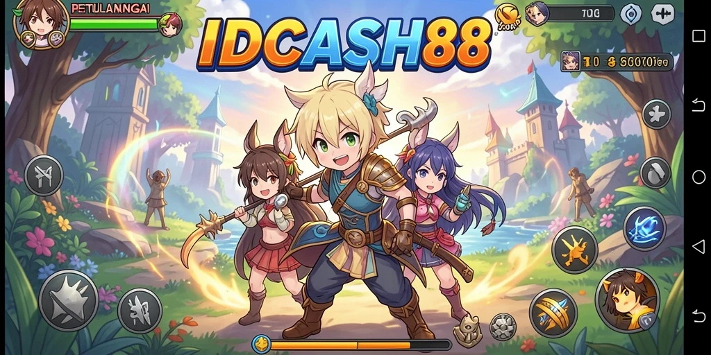 Screenshot gameplay IDCASH88 menampilkan karakter anime yang dinamis dan penuh warna.
