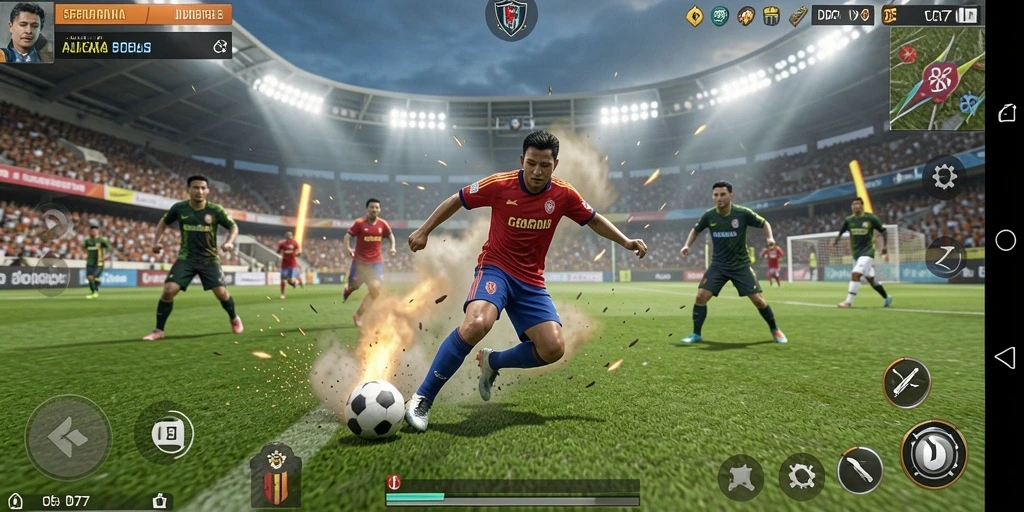 Screenshot gameplay IDR77 menampilkan aksi seru di lapangan sepak bola.